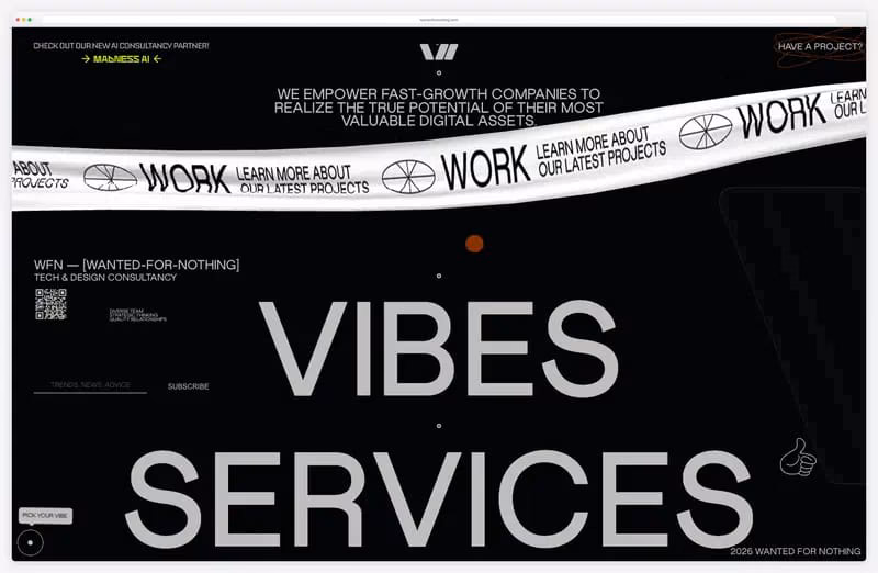 Wanted For Nothing: giant menu words and a sliding project ribbon