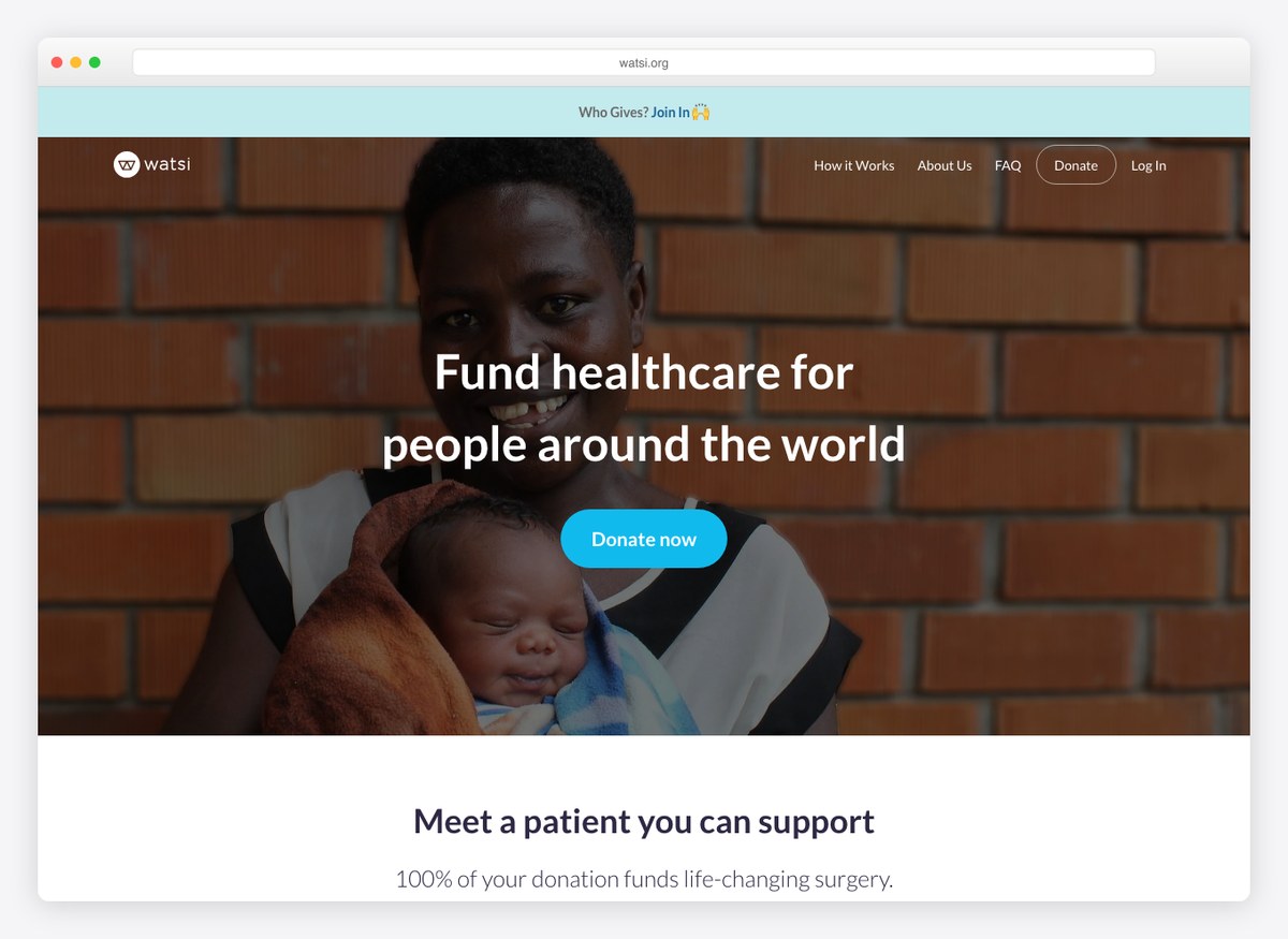 Watsi charity website homepage
