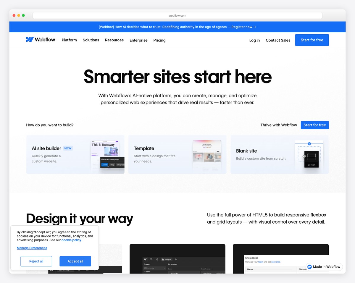 Webflow visual web design tool with CSS grid layout and interactions panel