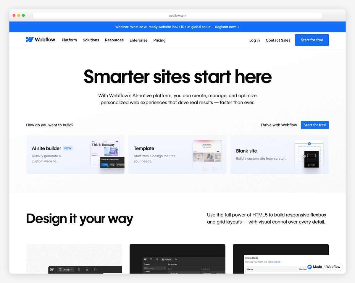 Webflow visual website builder with design control for artists