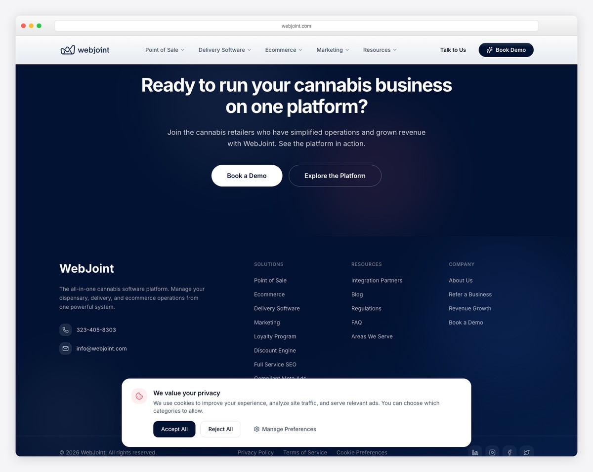 Webjoint - cannabis delivery and inventory management software landing page