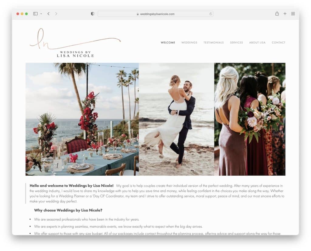 weddings by lisa nicole service website