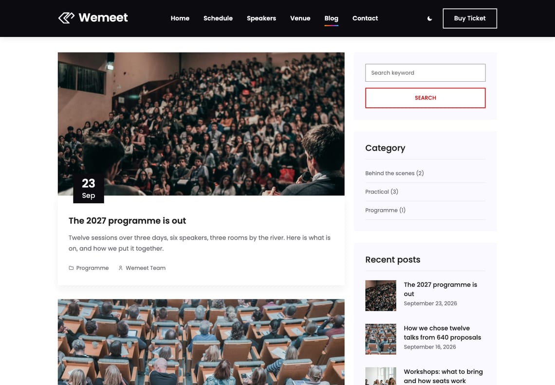 Wemeet blog: a post card with a photograph of a packed auditorium seen from the stage, a black date tab and the title The 2027 programme is out, beside a sidebar with search, categories and recent posts