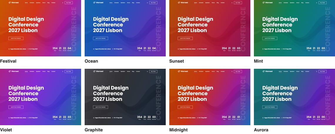 The Wemeet home page hero in eight colour palettes: Festival, Ocean, Sunset, Mint, Violet, Graphite, Midnight and Aurora