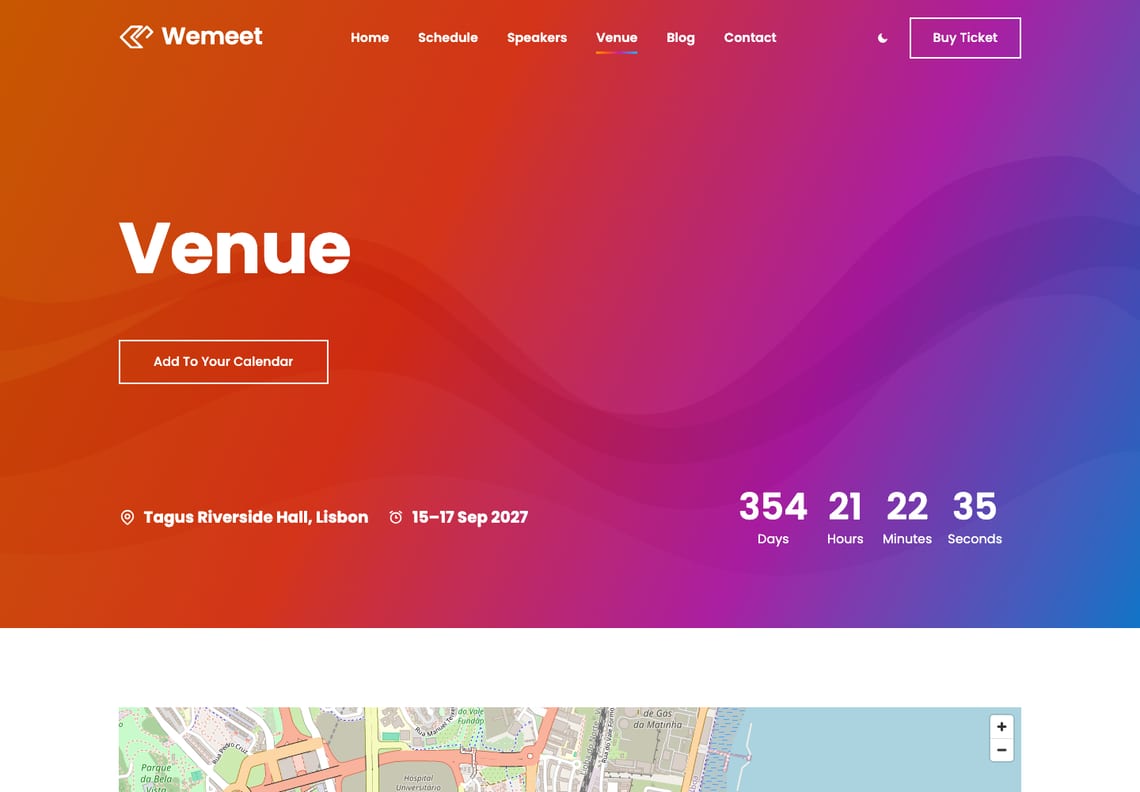 Wemeet venue page banner: the page title Venue and an Add to your calendar button on the gradient, with the venue, the dates and a live countdown along the bottom