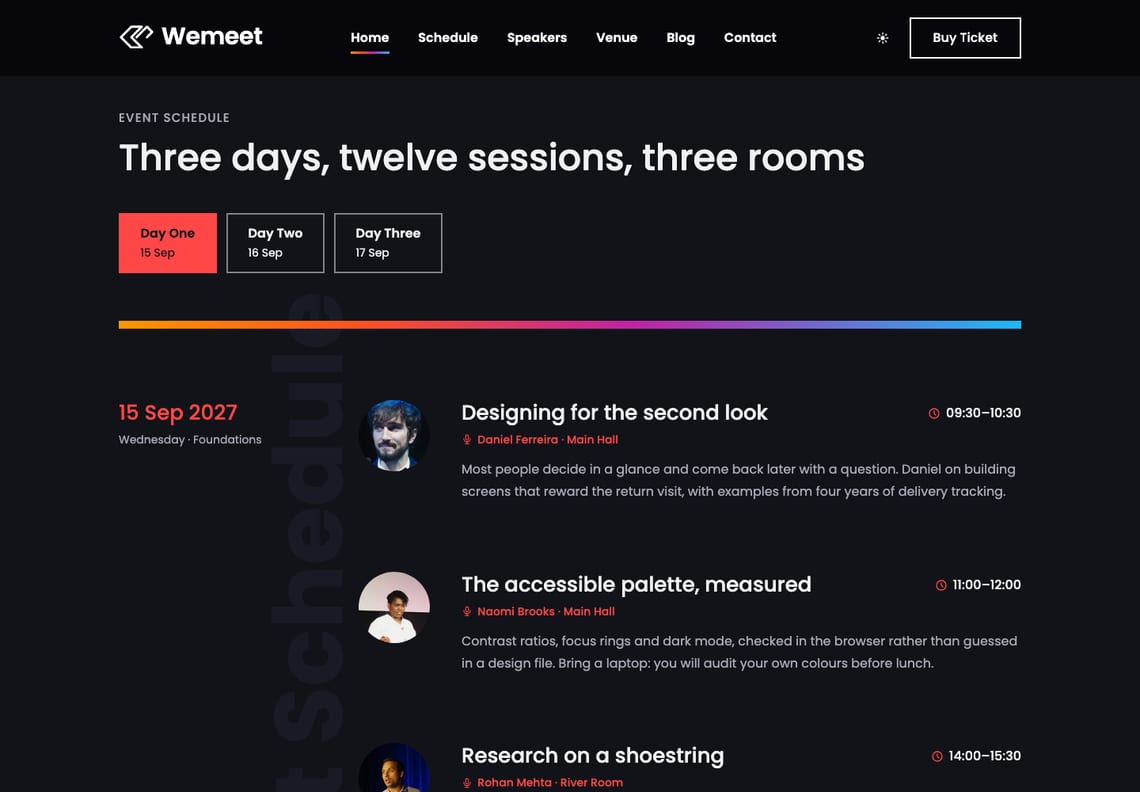 Wemeet in dark mode: the schedule’s day tabs and first sessions in white and red on a near-black page, under the black header