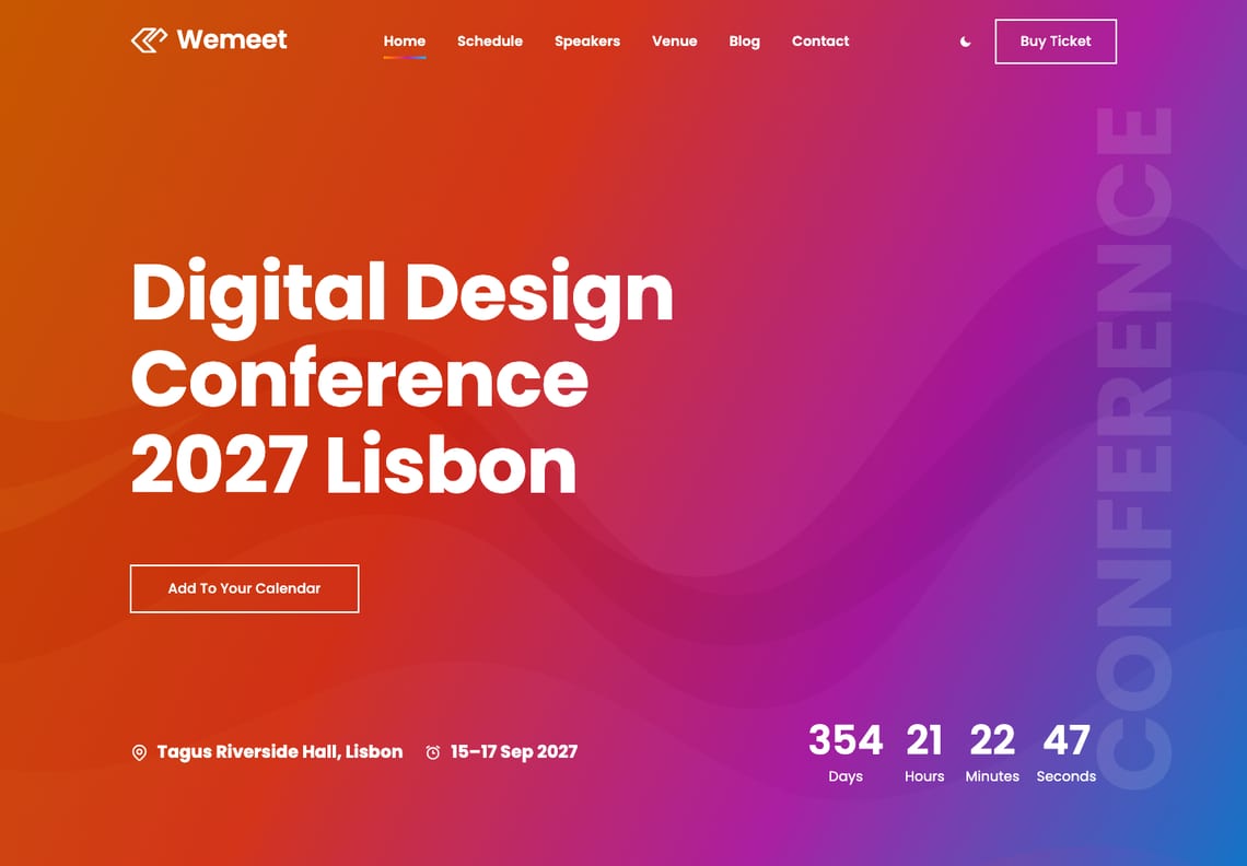 Wemeet home page hero: the header with a Buy ticket button over an orange-to-violet gradient, the headline Digital Design Conference 2027 Lisbon, and the venue, dates and a countdown in days, hours, minutes and seconds along the bottom