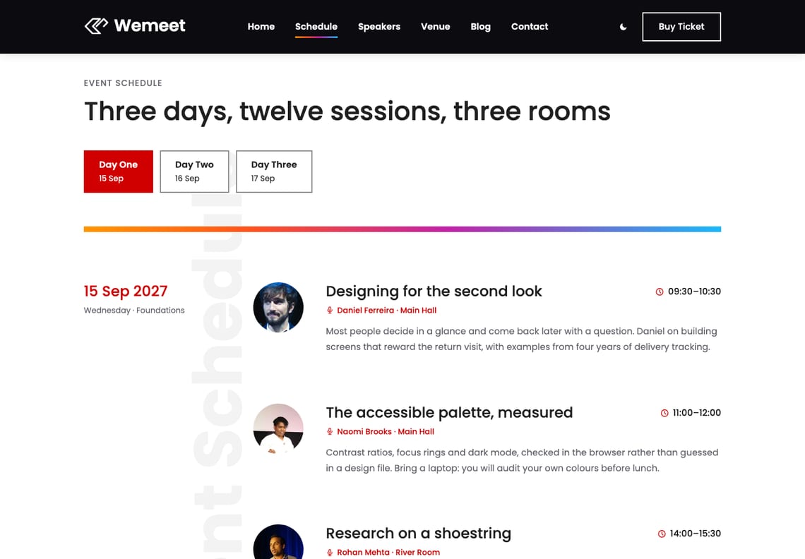 Wemeet schedule: tabs for Day one, Day two and Day three above a gradient rule, then the first day’s sessions, each with a round portrait, title, time, speaker, room and a line about it