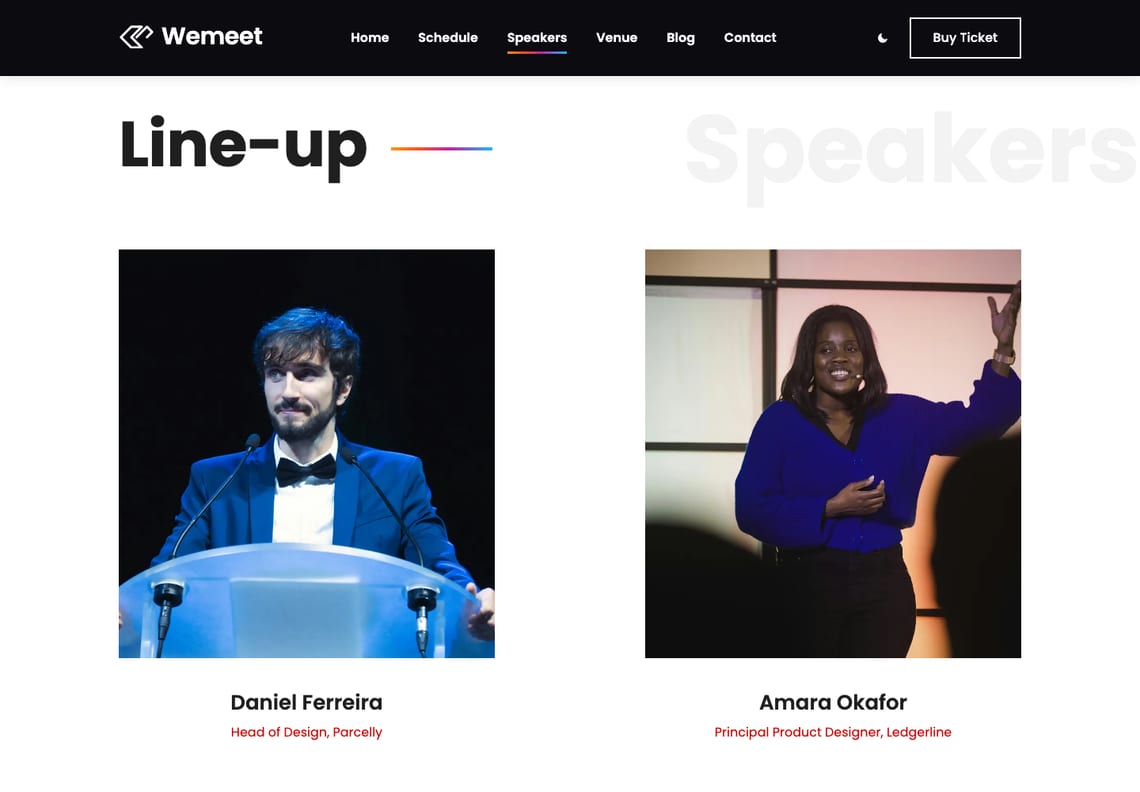Wemeet speakers page: the title Line-up with a gradient rule and a pale giant word behind it, above stage portraits of two speakers, one at a clear lectern in a blue suit and bow tie, with their names and roles in red
