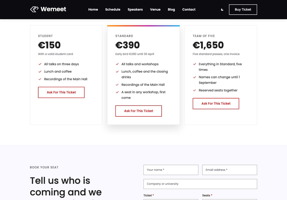 Wemeet tickets page: three ticket cards, Student €150, Standard €390 marked with a gradient ribbon, and Team of five €1,650, each with ticked inclusions and a button, above the start of the enquiry form