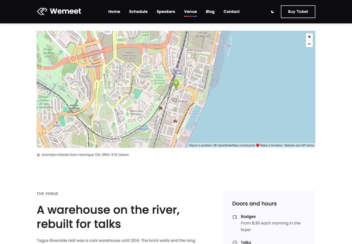 Wemeet venue page: an OpenStreetMap of the riverside in Marvila, Lisbon, with a pin on the venue, the address under it, and the start of the venue’s description beside a panel of doors and hours