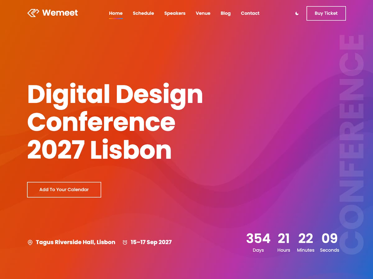 Wemeet WordPress theme home page: the headline Digital Design Conference 2027 Lisbon on an orange-to-violet gradient, with an Add to your calendar button, the venue, the dates and a countdown