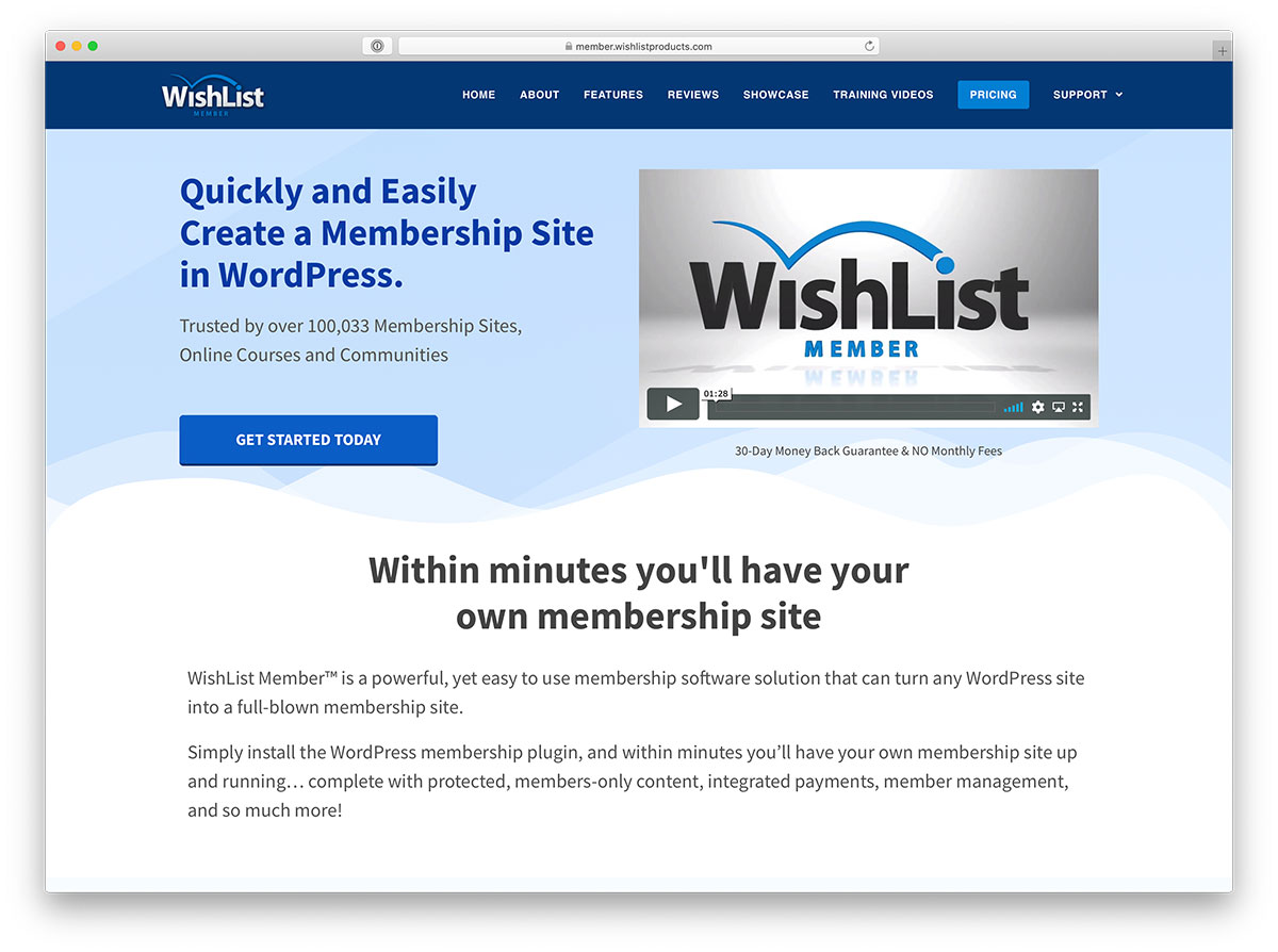 Image shows the intro page for the Wishlist member membership website creator software.