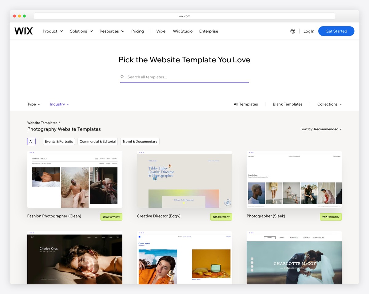 Wix photography website builder with Pro Gallery and portfolio templates