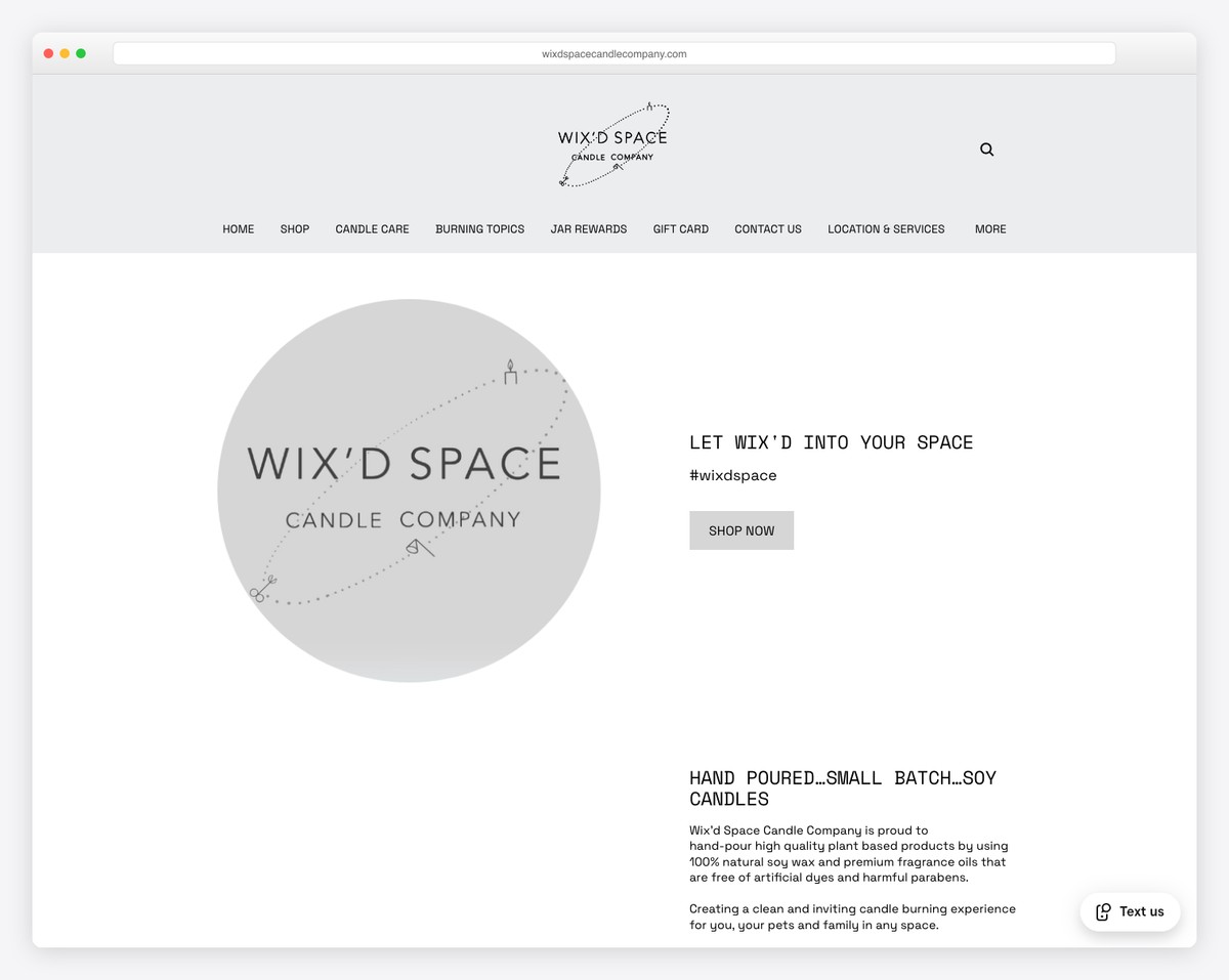 wix'd space candle company website example