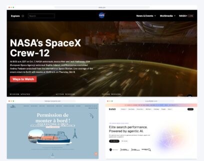 WordPress website examples featuring NASA, BateauMonParis and SUSO in browser previews