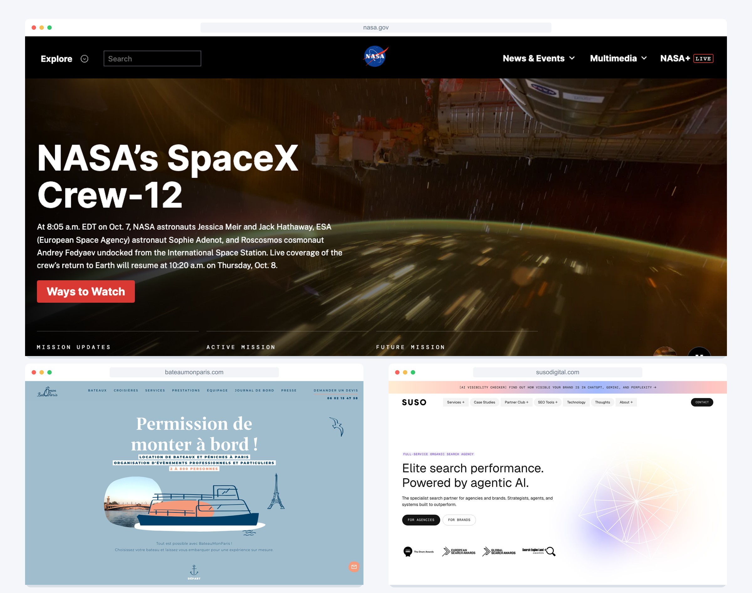 WordPress website examples featuring NASA, BateauMonParis and SUSO in browser previews