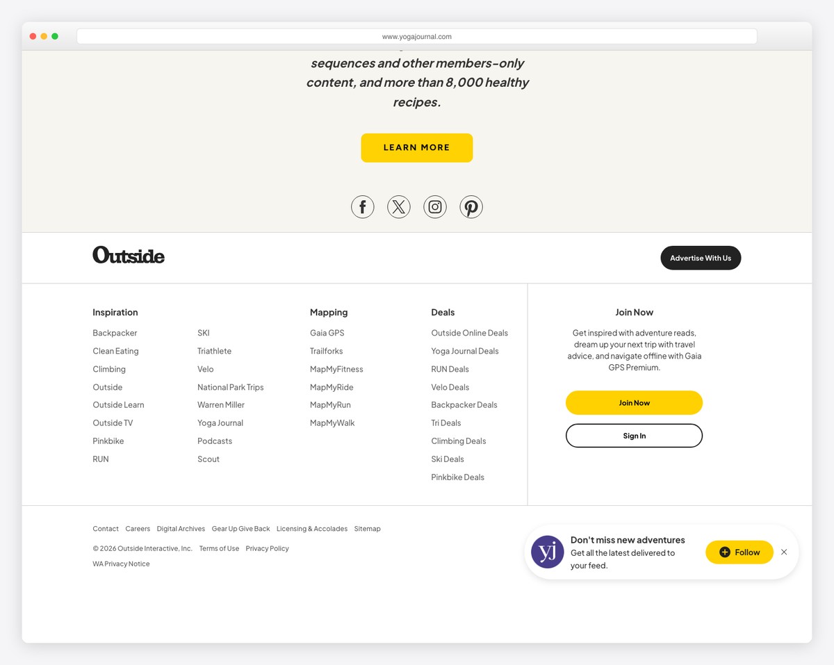 Yoga Journal website footer with navigation links and social media icons
