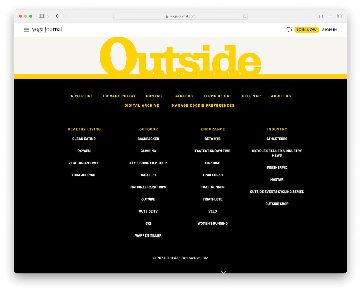 yoga journal website footer example