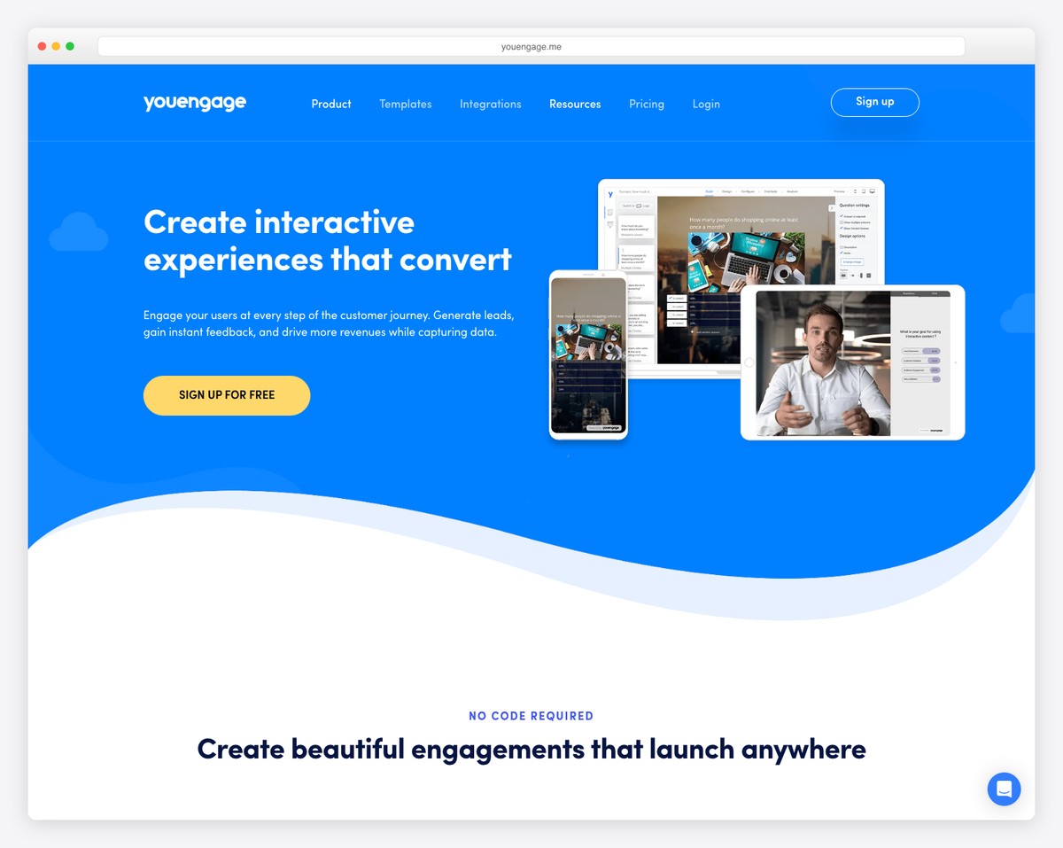 youengage startup website - blue and white colors
