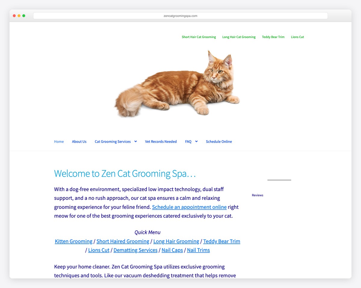 zen cat grooming spa website