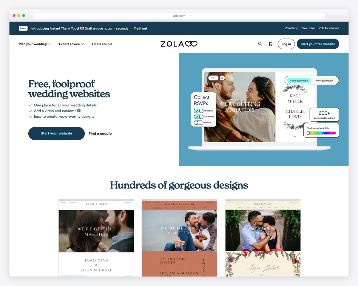 Zola wedding website with integrated registry showing gift tracking and cash fund options